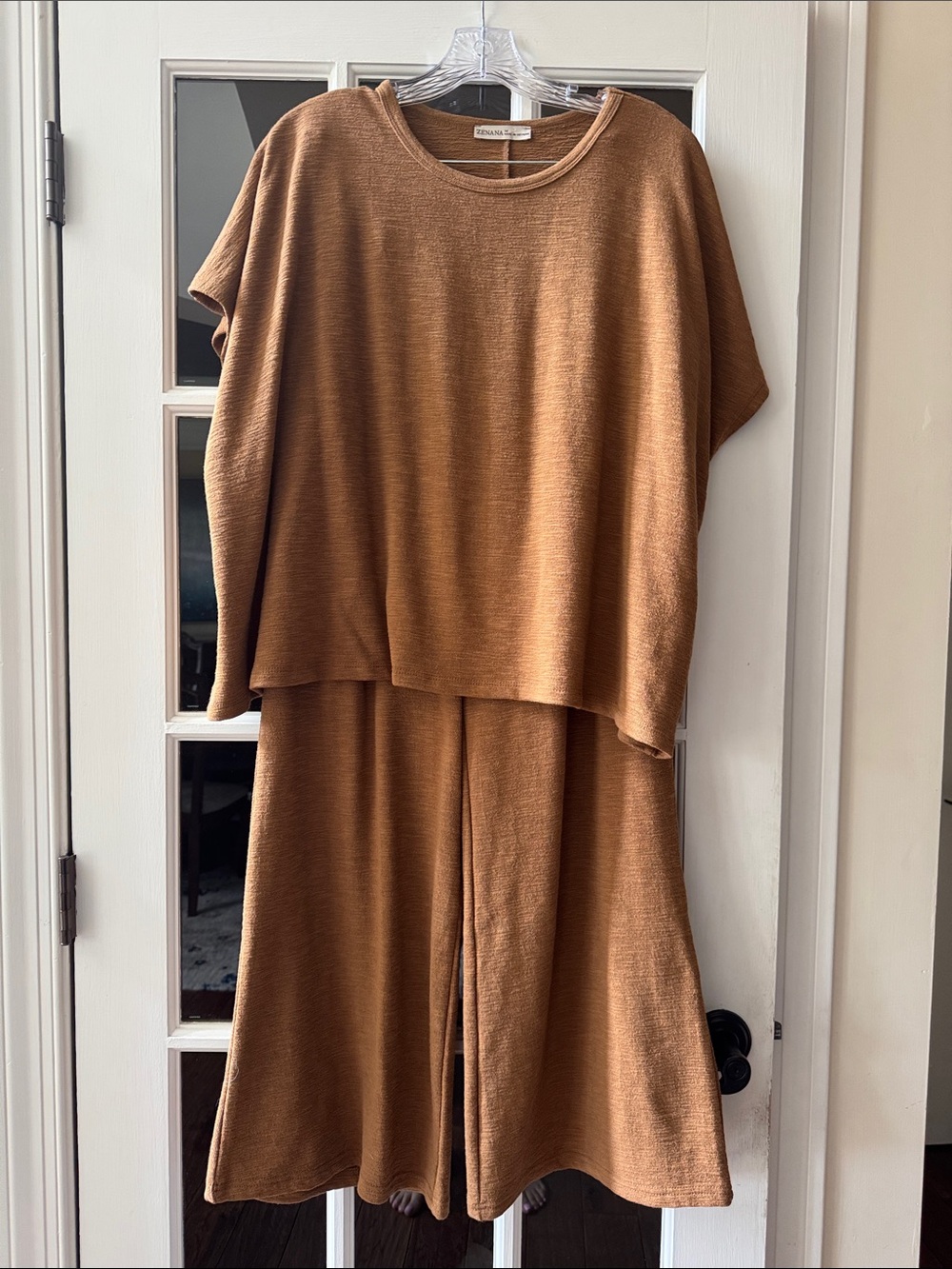 Zenana Caramel Brown Relaxed Knit Top & Wide-Leg Pants Set